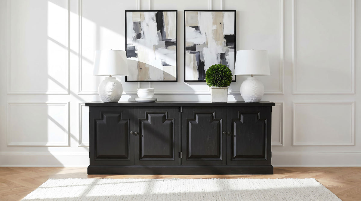 Baney Extension Dining Collection - Distressed Black Trestle Table, Round Pedestal Table, Sideboard & Wingback Chairs - lifestyle