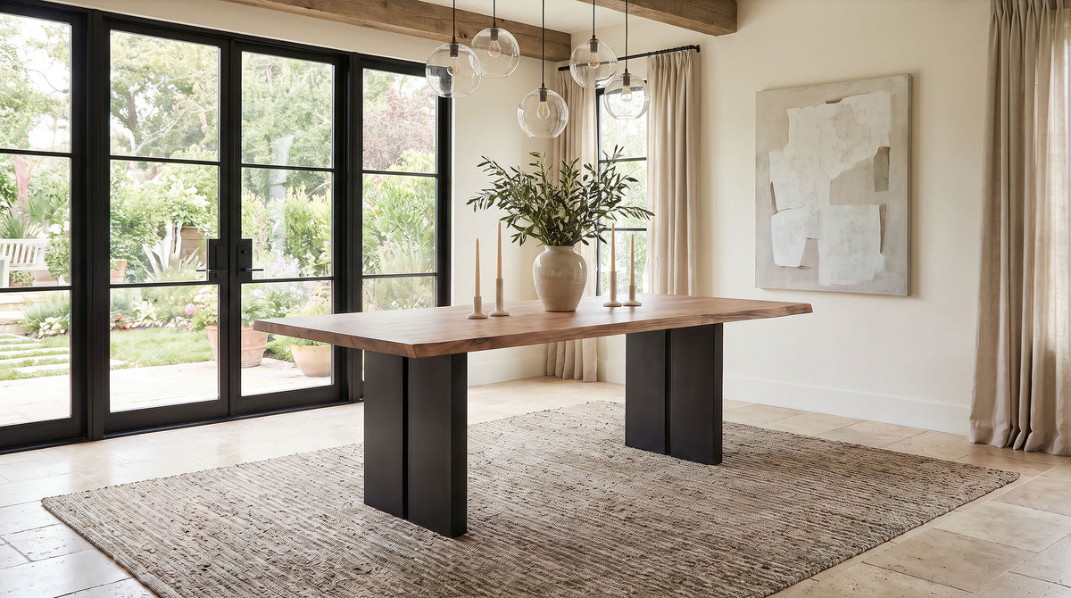 Bradshaw 80" Live Edge Acacia Dining Table - Black Iron Double Pedestal Base in Natural โ view 1