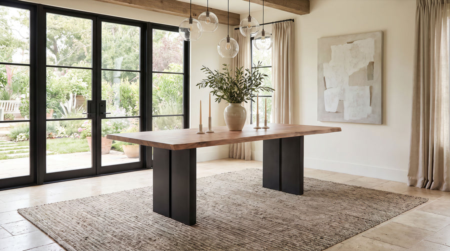 Bradshaw 80" Live Edge Acacia Dining Table - Black Iron Double Pedestal Base in Natural