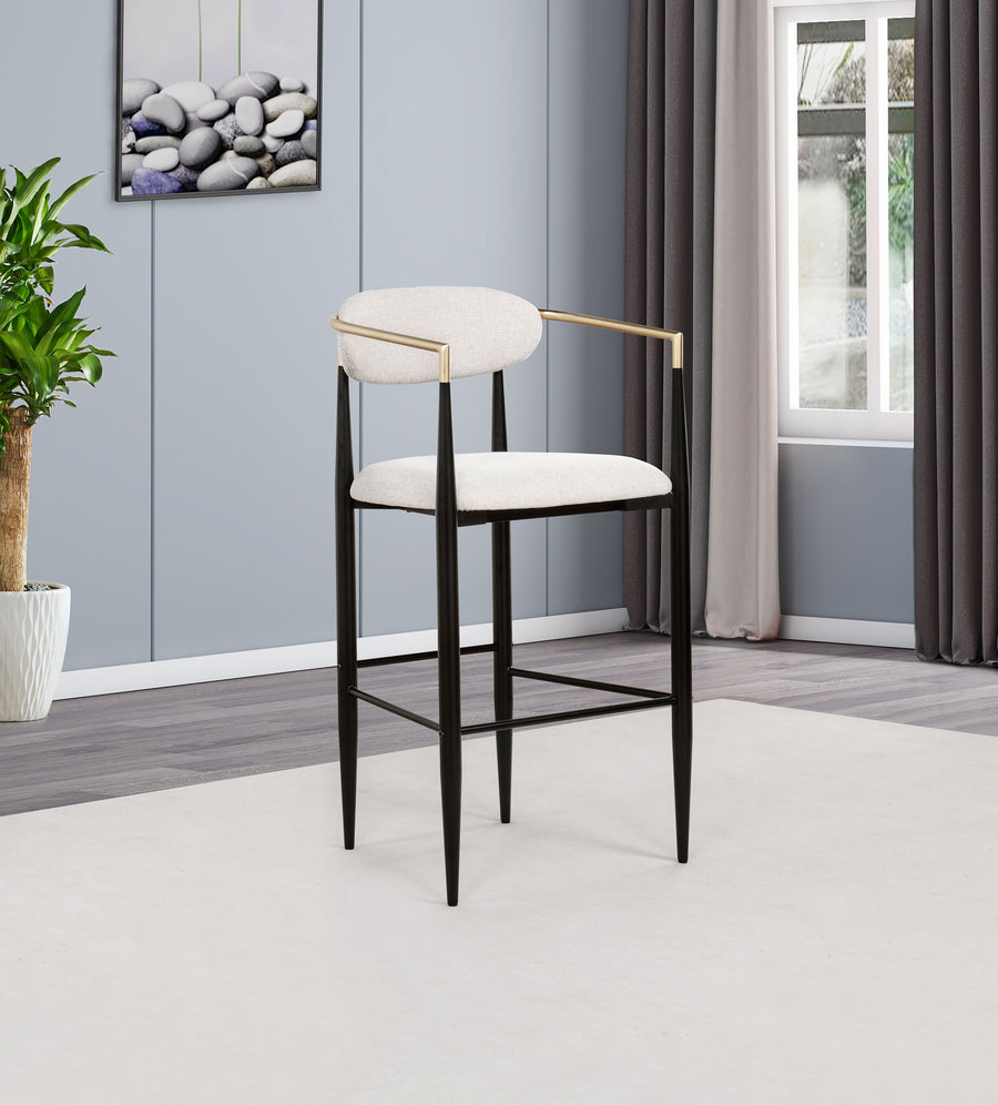 Tina Mid-Century Bar Stools, Set of 2 - Beige Upholstery with Gold Arms & Black Metal Base