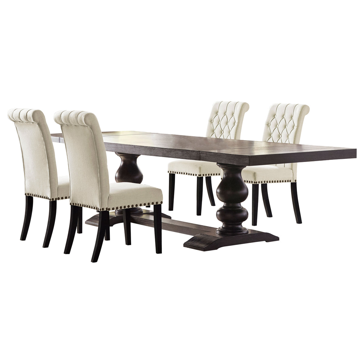 Phelps 123" Extension Dining Table & Sets - Distressed Noir Double Pedestal with Tan Upholstered Chairs – view 19