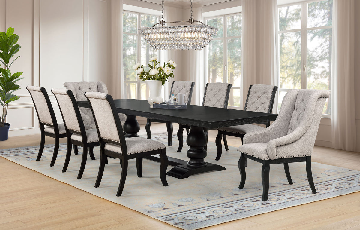 Phelps 123" Extension Dining Table & Sets - 9pcs- Table + 6 Tan Side Chairs + 2 Arm Chairs
