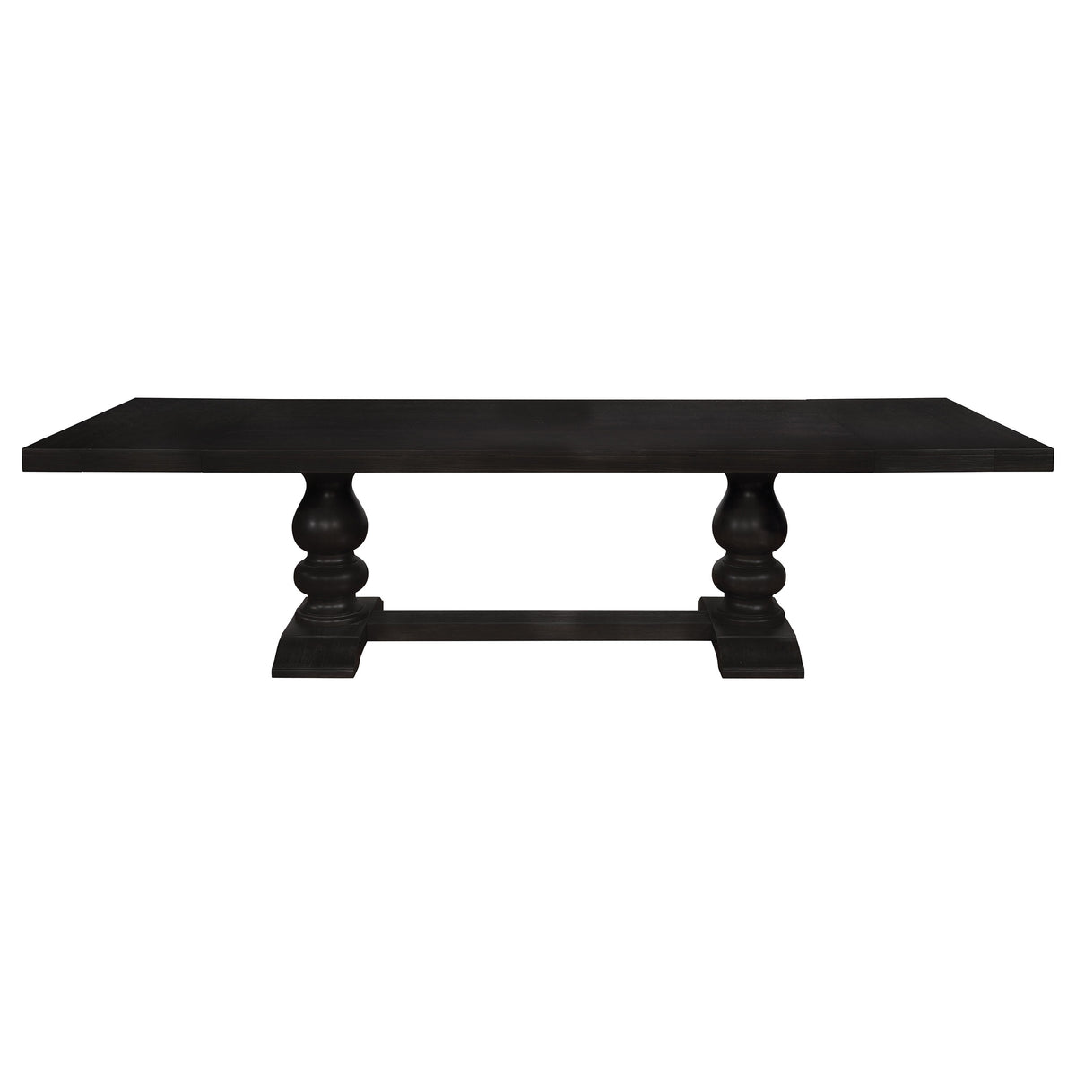 Phelps 123" Extension Dining Table & Sets - Distressed Noir Double Pedestal with Tan Upholstered Chairs – view 14