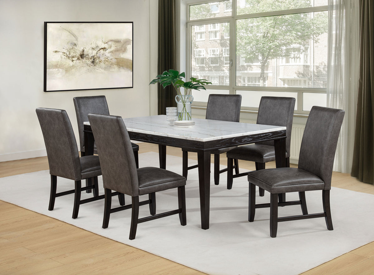 Averill 72" White Marble Top Dining Table & 7-Piece Sets - Coffee Bean Base with Tan or Dark Grey Chairs