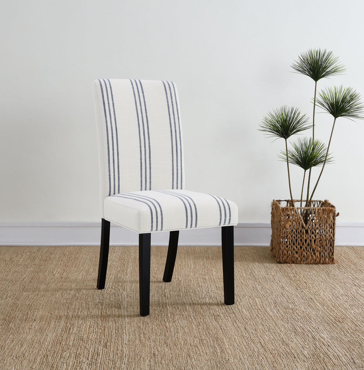 Herran Upholstered Dining Side Chairs (Set of 2) - Beige Linen-Look with Blue Stripes & Black Frame – view 1