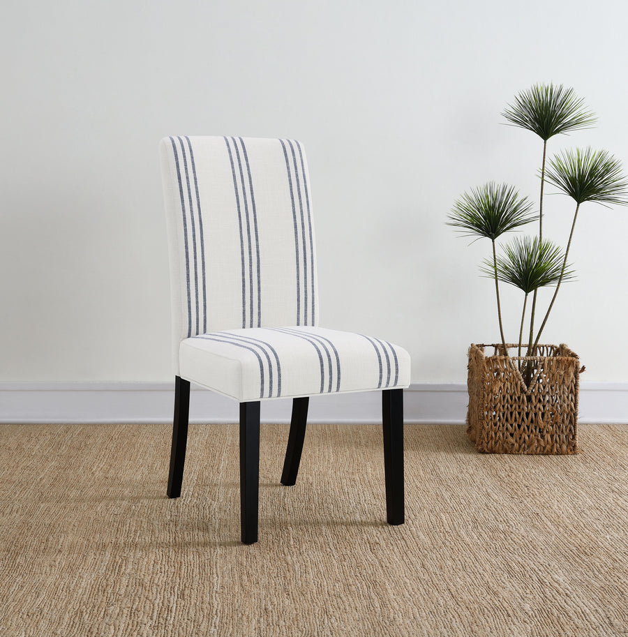 Herran Upholstered Dining Side Chairs (Set of 2) - Beige Linen-Look with Blue Stripes & Black Frame