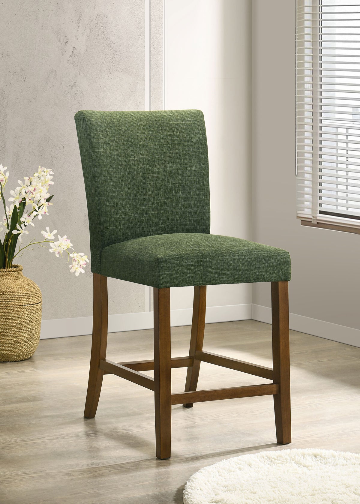 Paxton Counter Height Dining Set - 48" Round Glass Top, Angular Brown Wood Base & Upholstered Chairs - lifestyle