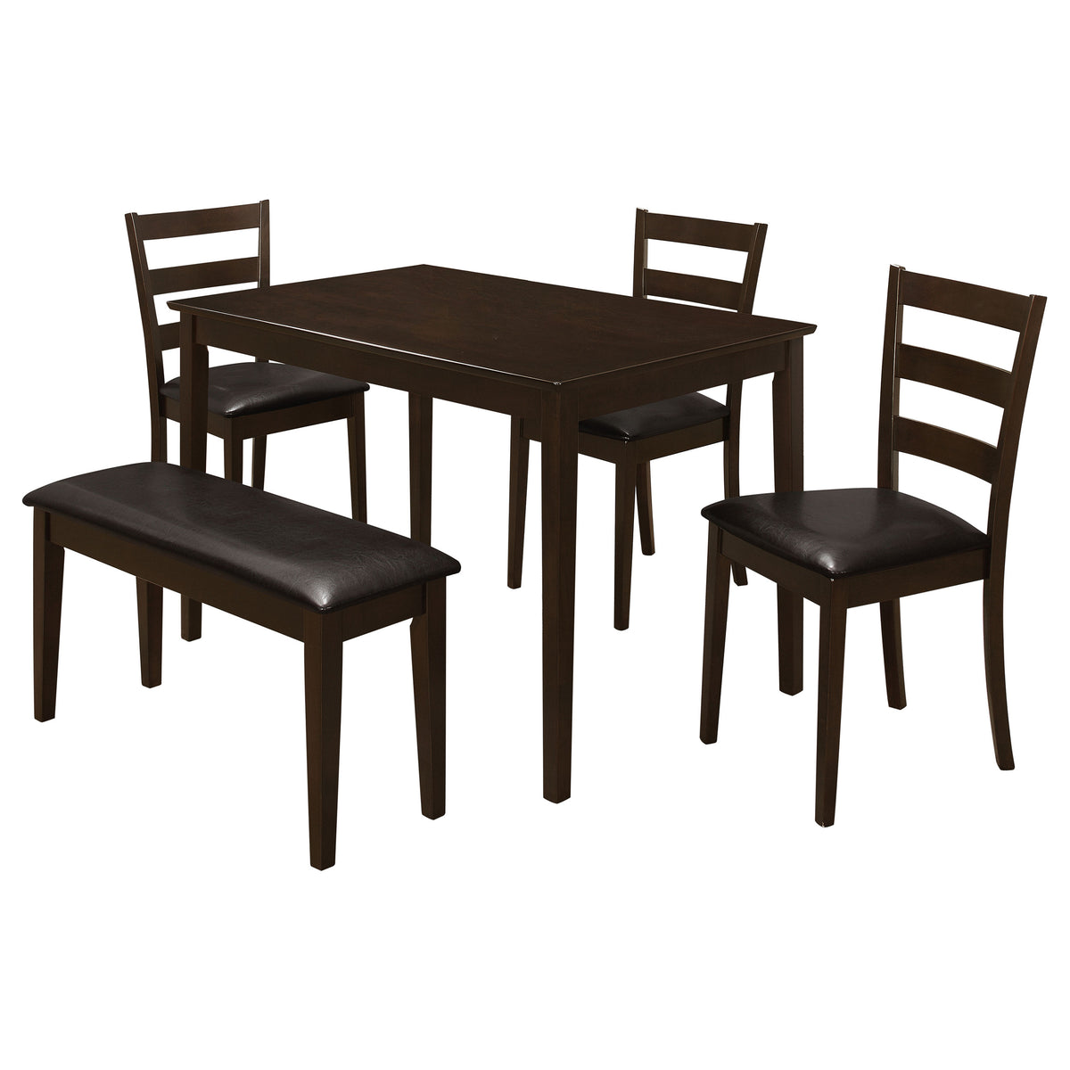 Guillen 5-Piece Dining Set with Bench - Cappuccino Table, 3 Ladder-Back Chairs & Leatherette Seats – view 2