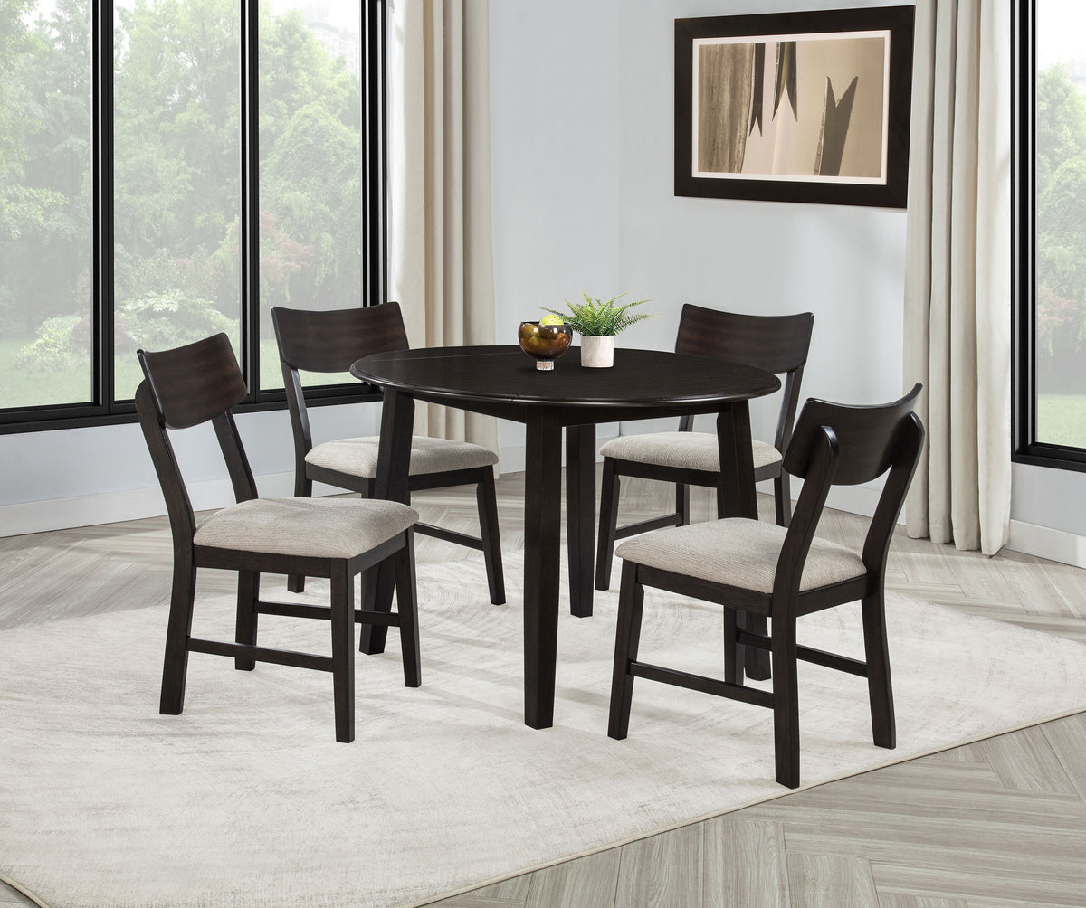 Catley 5-Piece Round Drop Leaf Dining Set - Dark Coffee Table with Ivory Upholstered Chairs – view 1