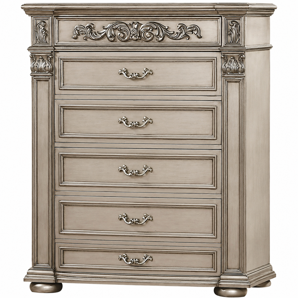 Luxurious Traditional Silver Ornate 5-Piece King Platinum Bedroom Furniture Set