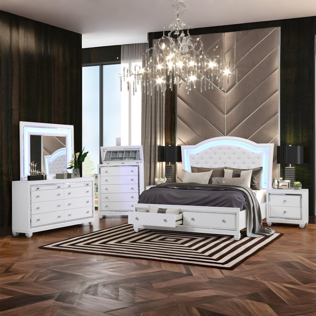 Shiney White Finish Bedroom Set with LED Headboard & Storage