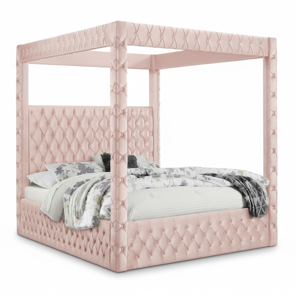 Aya Velvet Canopy Bed with Tufted Design