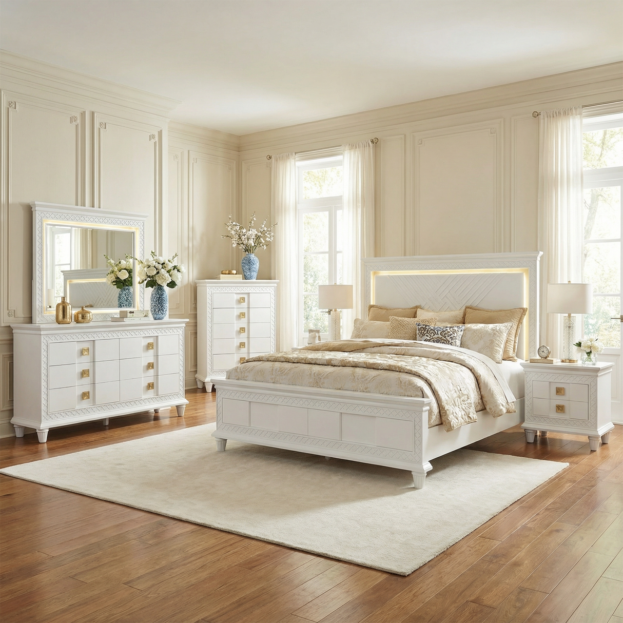 Traditional Rebecca Gold Ornate King Bedroom Set with White and Gold Finish