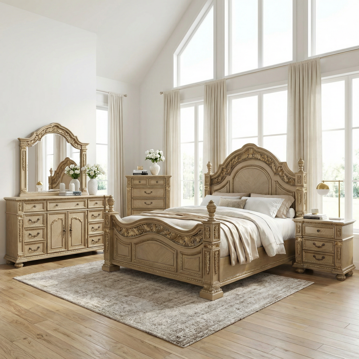 Traditional Carolina Gold Ornate King Bedroom Set with Intricate Carvings