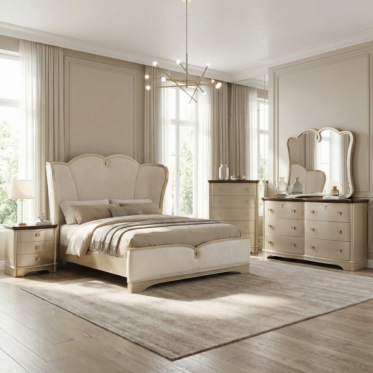 Ornate Champagne King Rose Bedroom Set - Traditional Gold Style