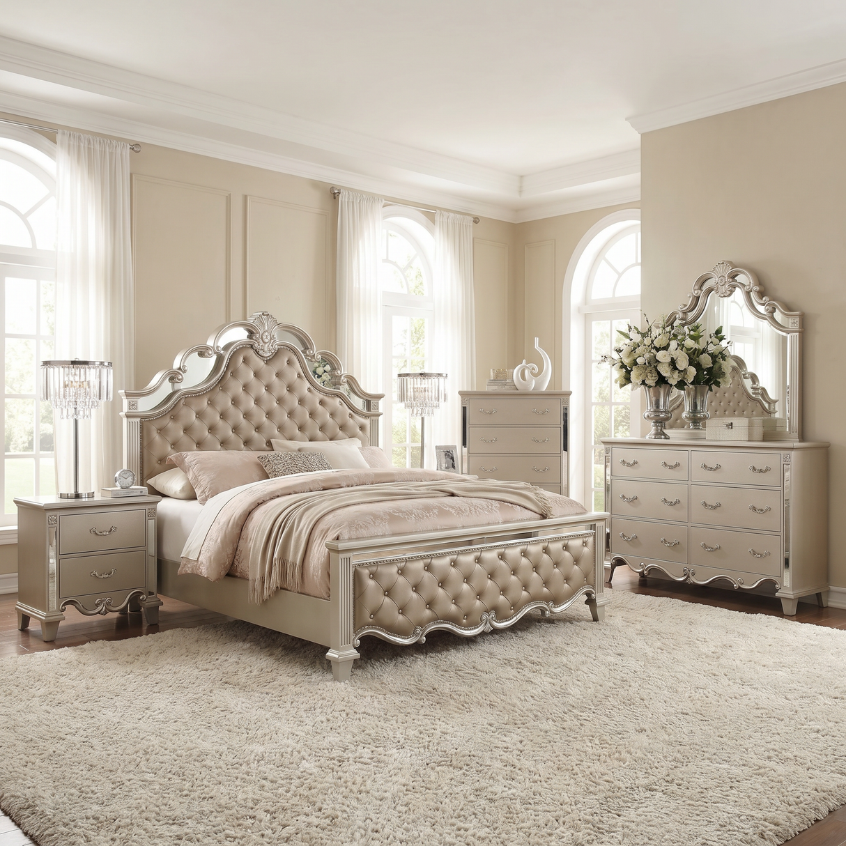 Elegant Sonia 5-Piece Contemporary Silver Tufted Champagne Bedroom Collection