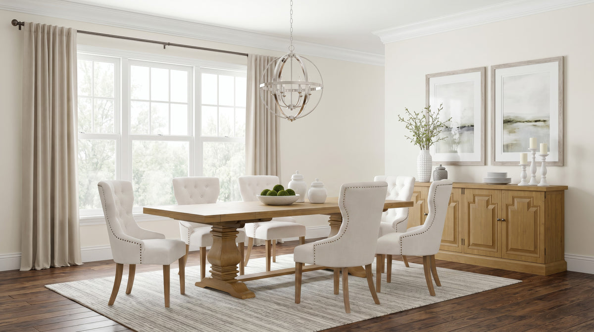 Florence French Country Dining - 126" Trestle Extension Table, 60" Round Pedestal Table & Sideboard in Rustic Honey – view 17