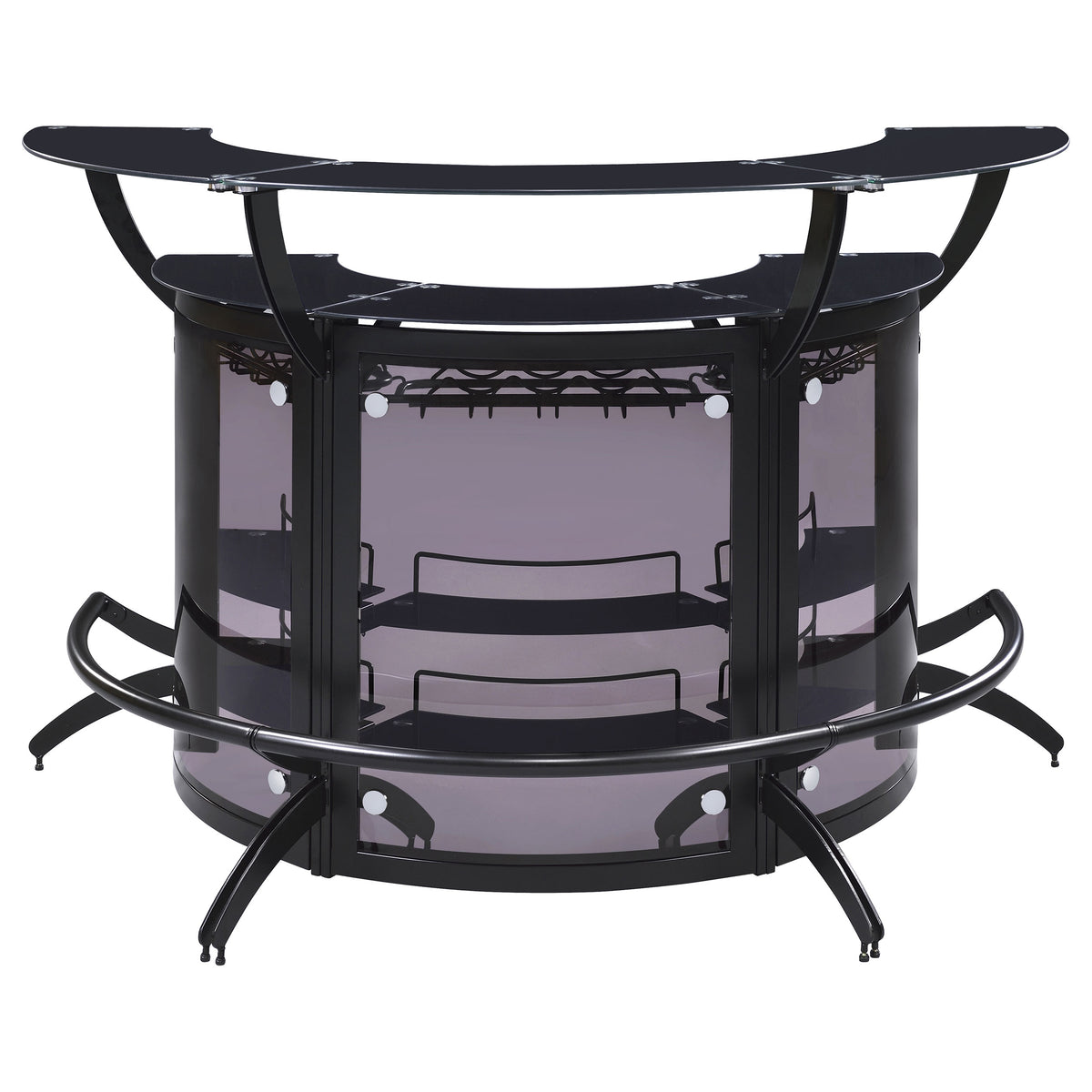 Dallas Curved Home Bar Unit & 3-Piece Bar Set - Smoked Acrylic & Tempered Glass in Black – view 16