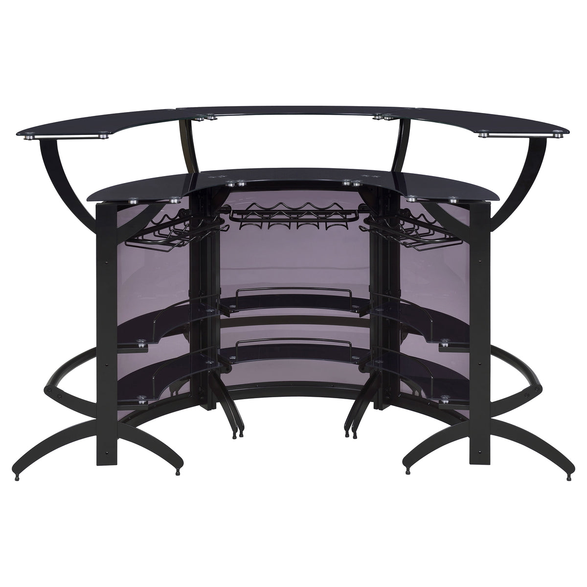 Dallas Curved Home Bar Unit & 3-Piece Bar Set - Smoked Acrylic & Tempered Glass in Black – view 20