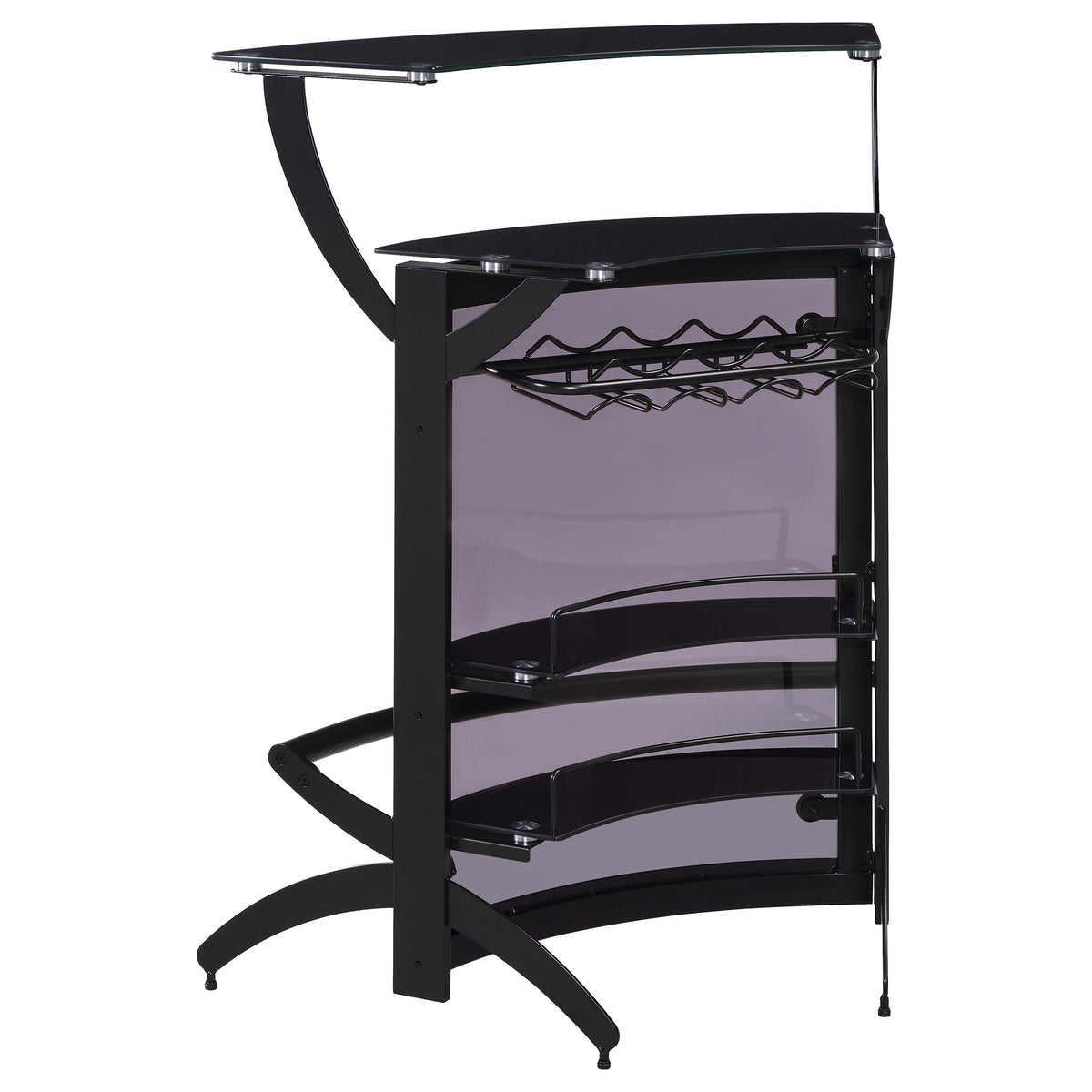 Dallas Curved Home Bar Unit & 3-Piece Bar Set - Smoked Acrylic & Tempered Glass in Black – view 8
