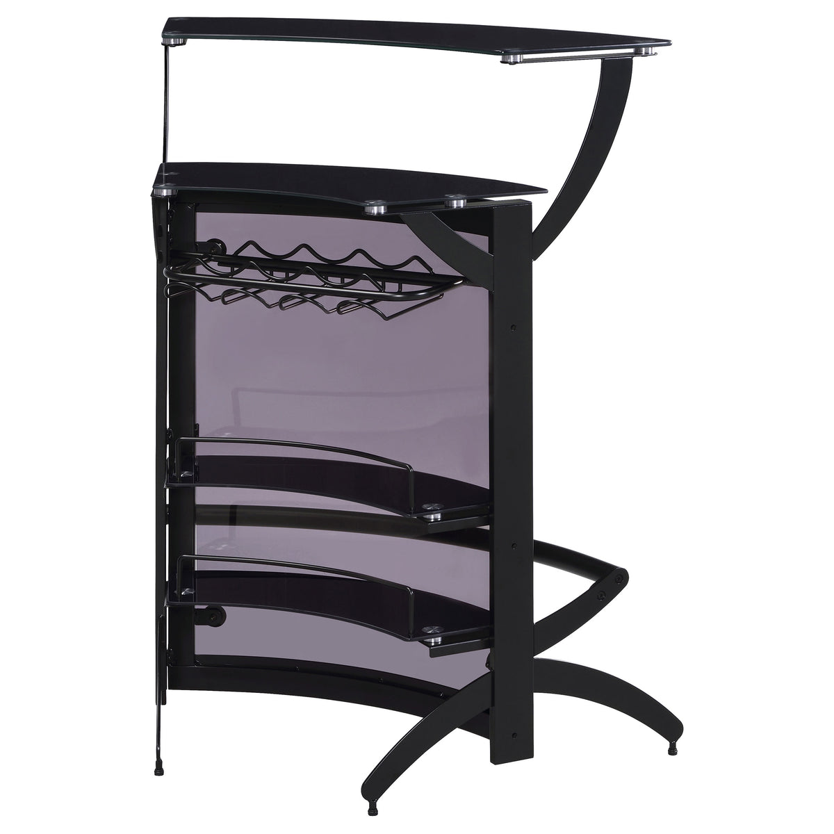 Dallas Curved Home Bar Unit & 3-Piece Bar Set - Smoked Acrylic & Tempered Glass in Black – view 10