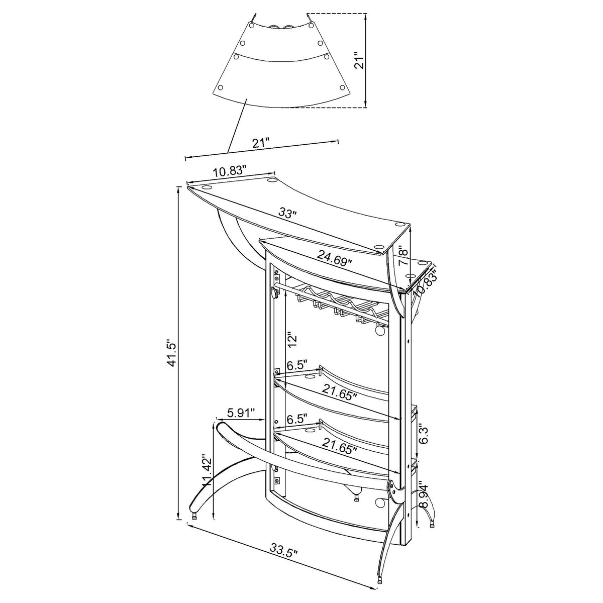 Dallas Curved Home Bar Unit & 3-Piece Bar Set - Smoked Acrylic & Tempered Glass in Black – view 13