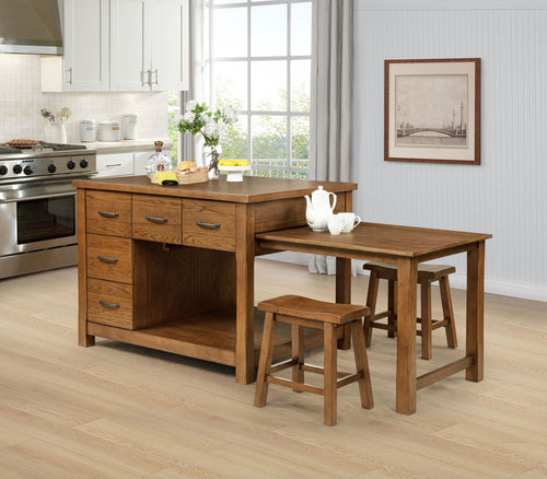 Mayfair 3-Piece Kitchen Island with Pull-Out Extension Table & 2 Stools - 10 Drawers in Dark Oak