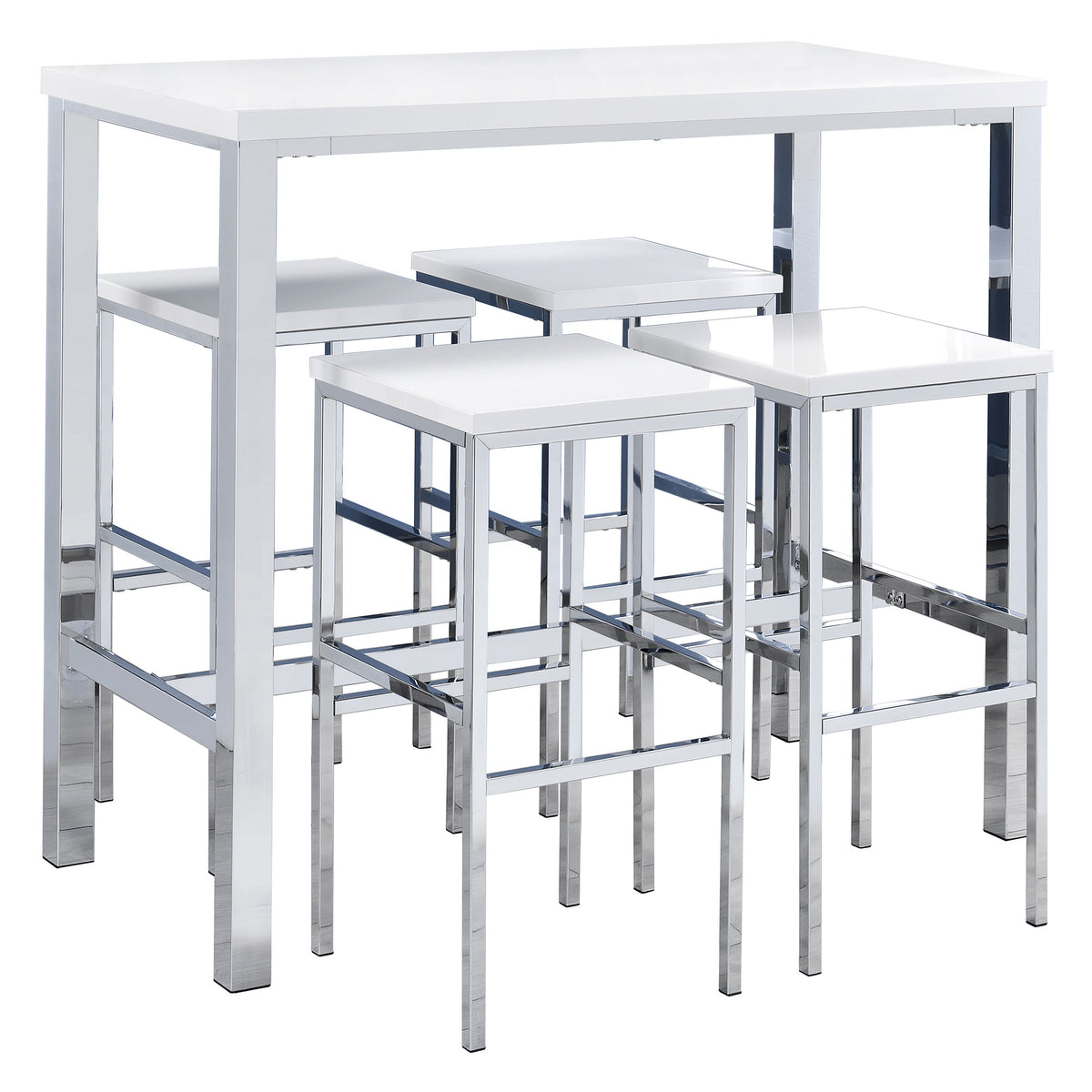 Natividad 5-Piece Pub Height Bar Table Set - White High Gloss with Chrome Frames & 4 Backless Stools – view 2