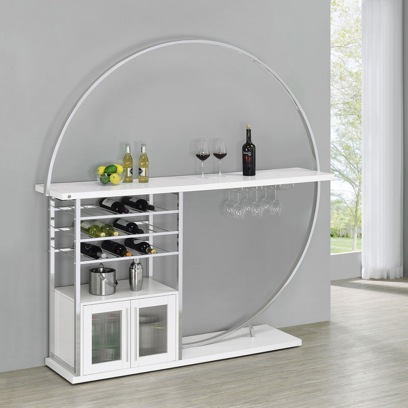 Risley Circular LED Wine Cabinet - 21-Bottle Bar with Stemware Rack in White High Gloss & Chrome
