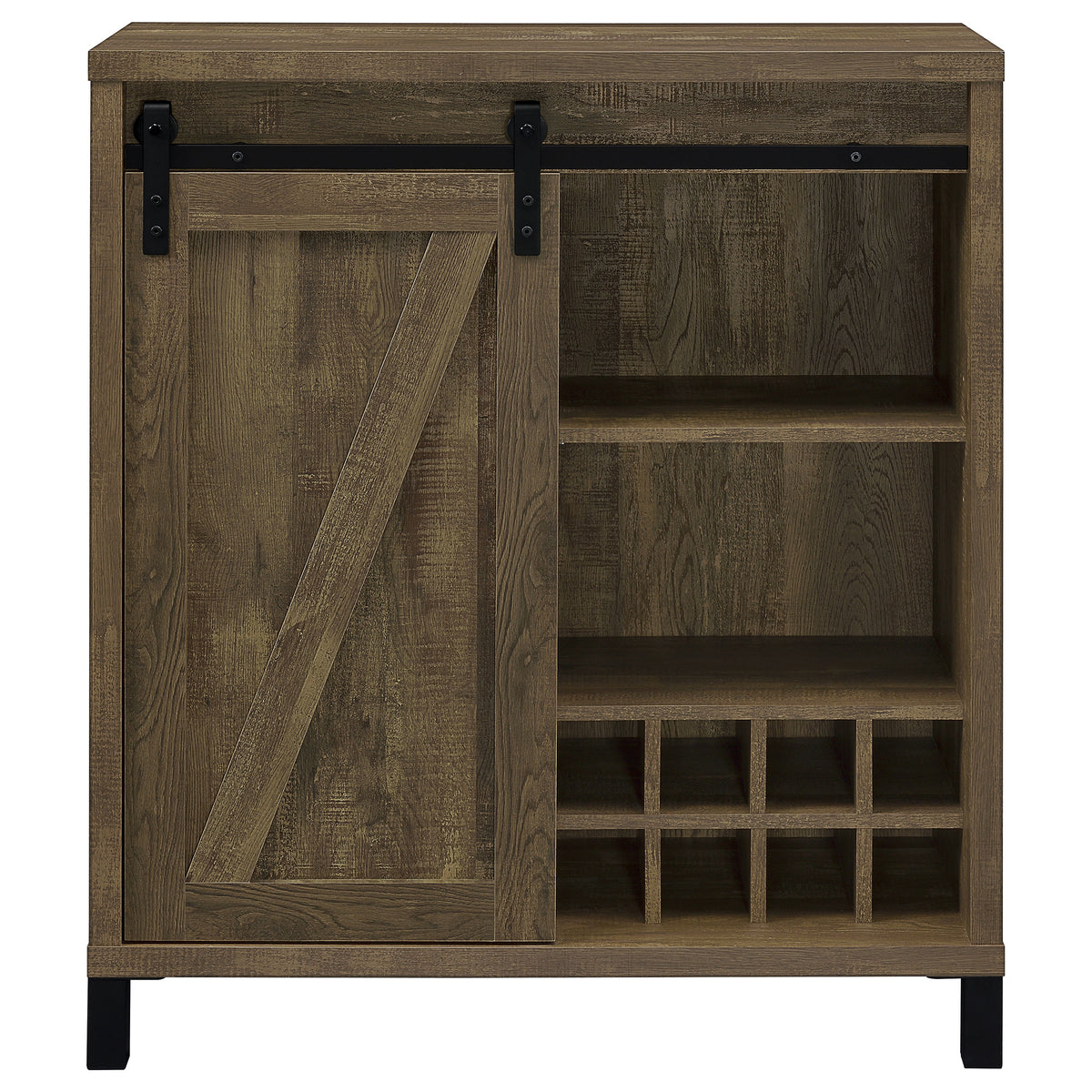 Arlington Sliding Barn Door Bar Cabinet - Farmhouse Wine Storage in Rustic Oak with Black Metal Legs – view 3