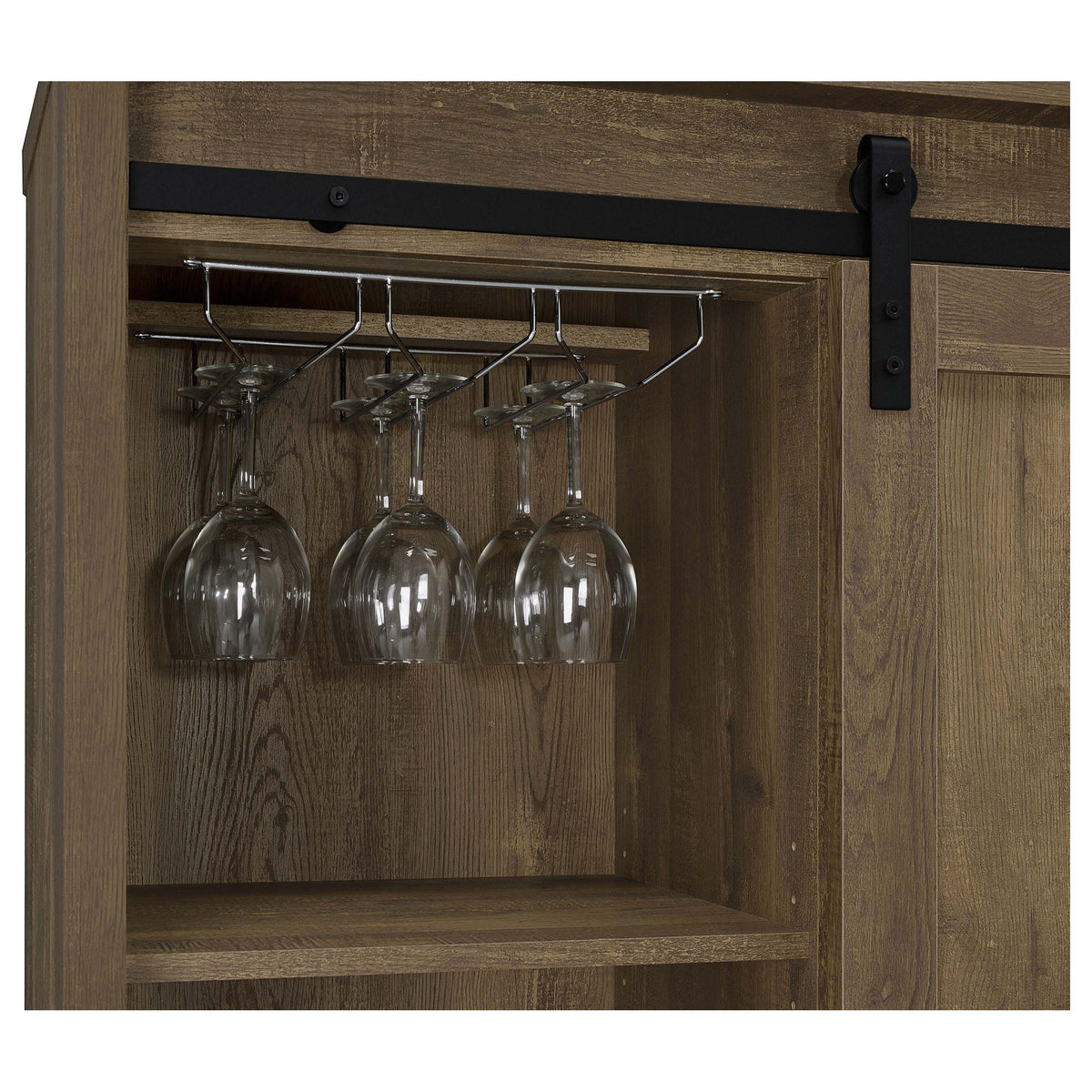 Arlington Sliding Barn Door Bar Cabinet - Farmhouse Wine Storage in Rustic Oak with Black Metal Legs – view 7