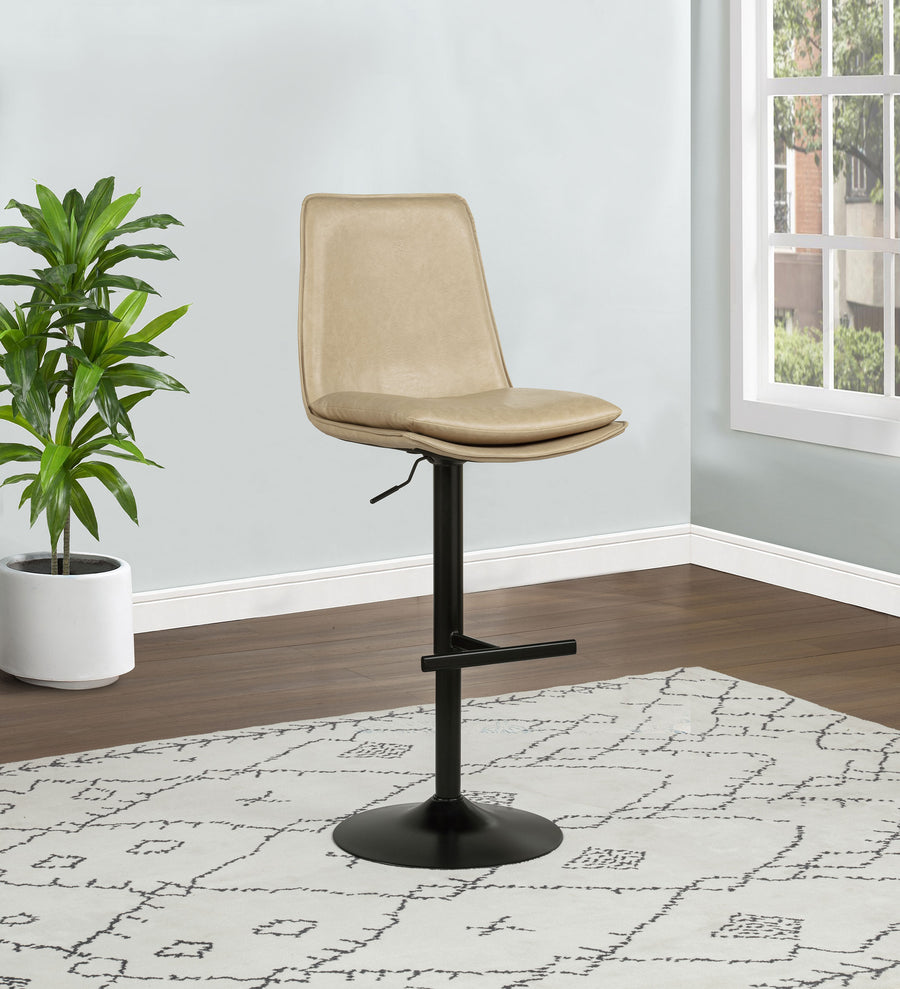Eldridge Adjustable Height Bar Stool - Curved Back in Tan Faux Leather with Black Pedestal Base