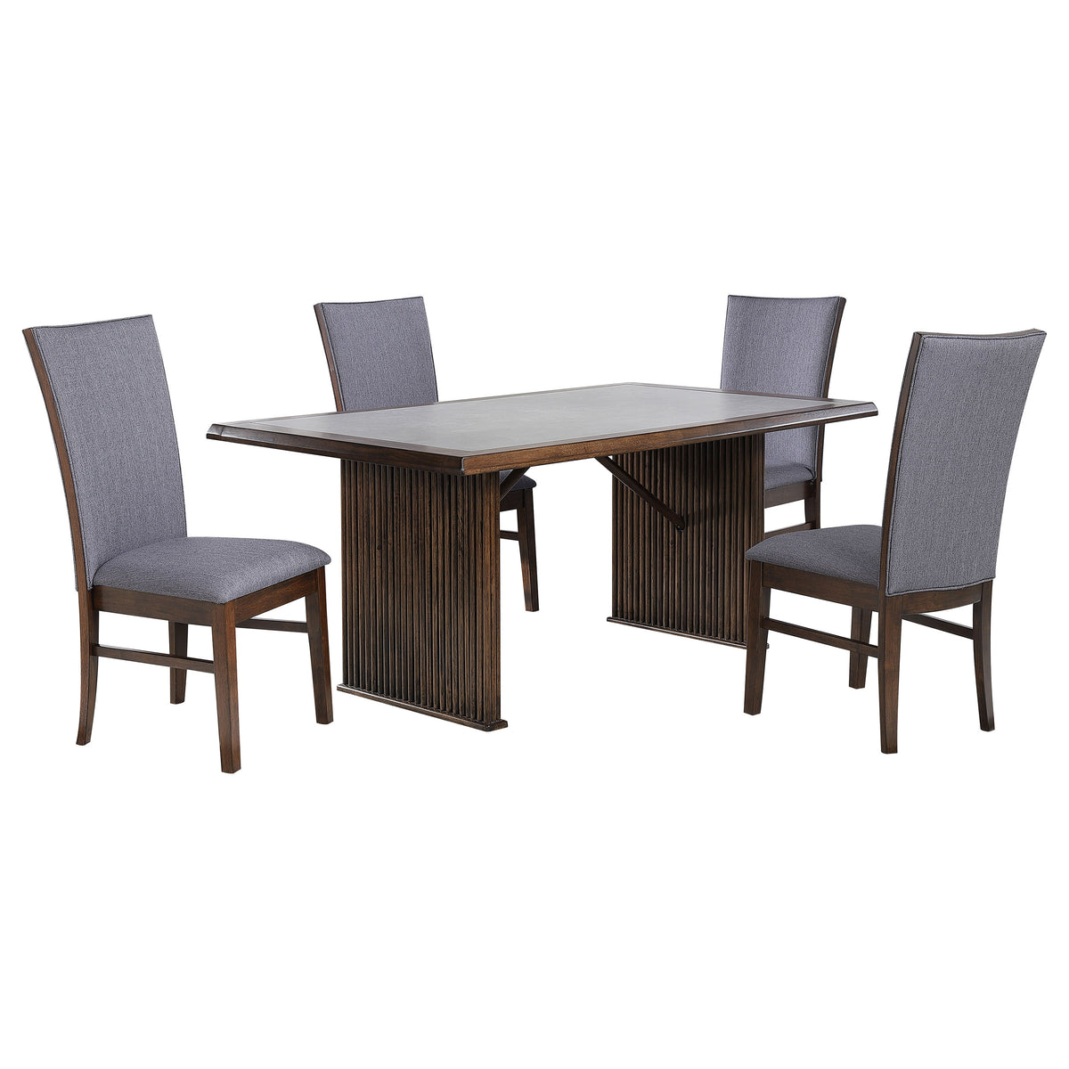 Sherwood 72" Reeded Dining Table & Sets - Stone Top on Brown Rubberwood Base with Grey Upholstered Chairs – view 12