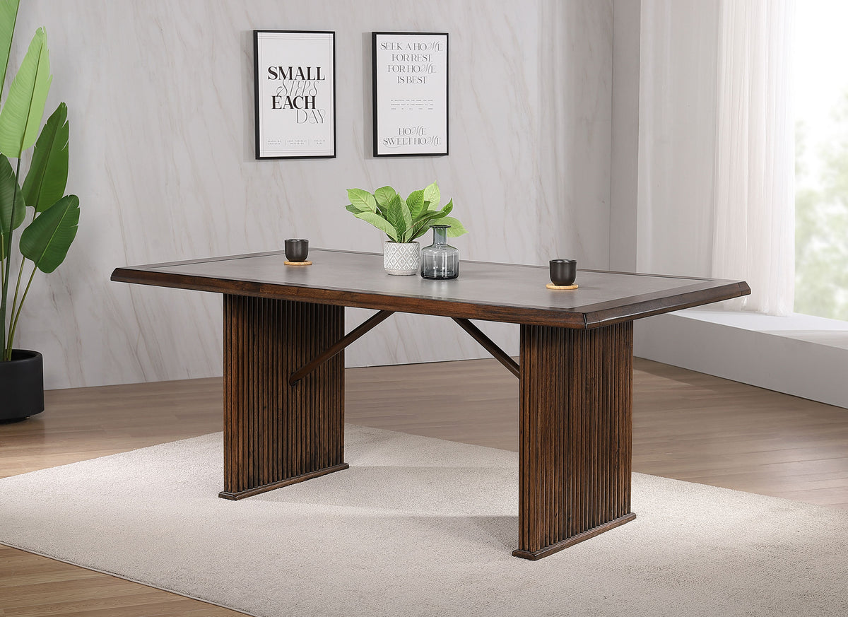 Sherwood 72" Reeded Dining Table & Sets - Stone Top on Brown Rubberwood Base with Grey Upholstered Chairs – view 1