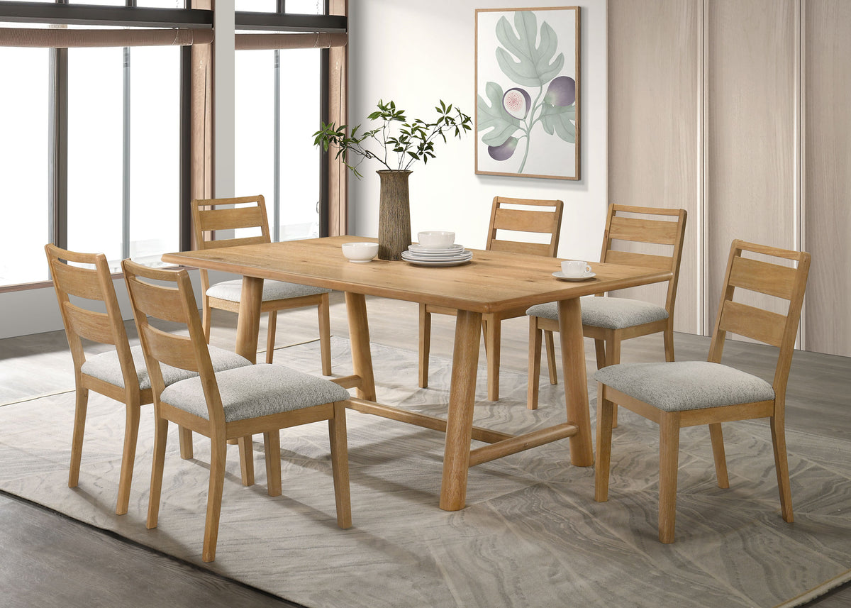 Duncan 71" Trestle Dining Table & 7-Piece Set - Washed Oak with Oatmeal Boucle Ladder-Back Chairs – view 13