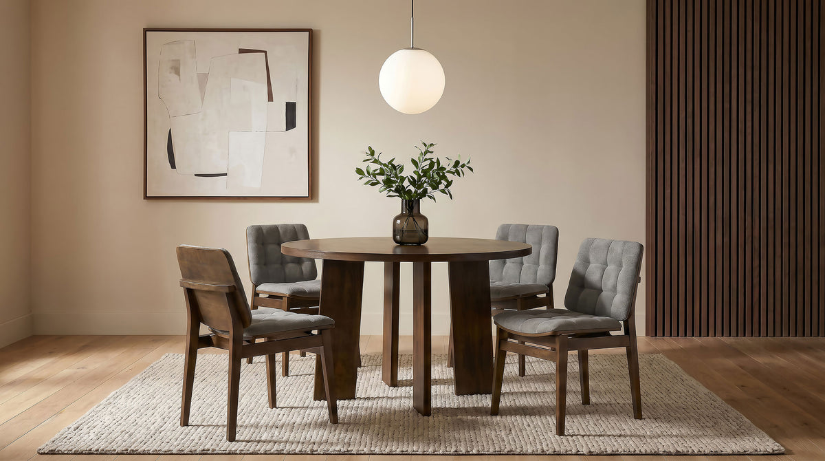 Strouse 47" Round Pedestal Dining Table & 5-Piece Sets - Walnut with Spindle, Upholstered or Velvet Chairs – view 18