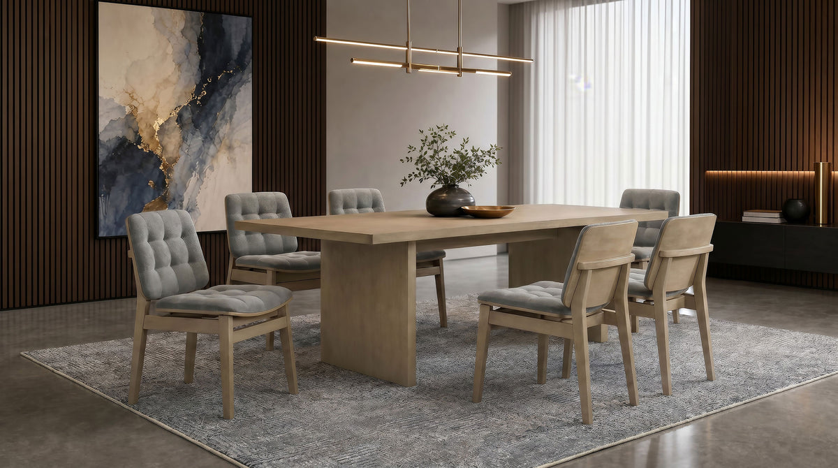 Decker 82" Slab-Top Dining Table & 7-Piece Sets - 7pcs- Table + 6 Grey Channel-Tufted Chairs