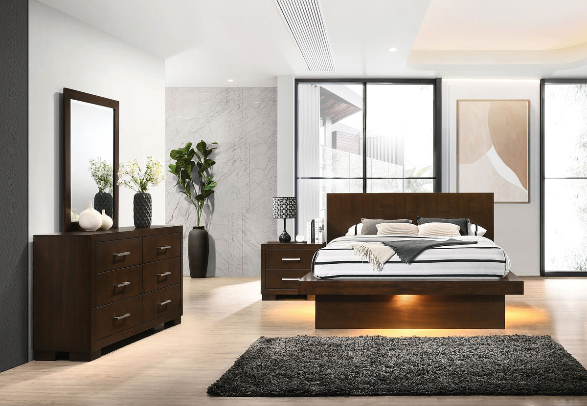Jessica LED Platform Bed & Bedroom Sets - 4pcs- Eastern King LED Panel Bed + Nightstand + Dresser + Mirror