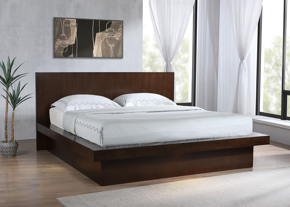 Jessica LED Platform Bed & Bedroom Sets - Panel or Bookcase Headboard in Cappuccino with Silver-Tone Pulls - lifestyle