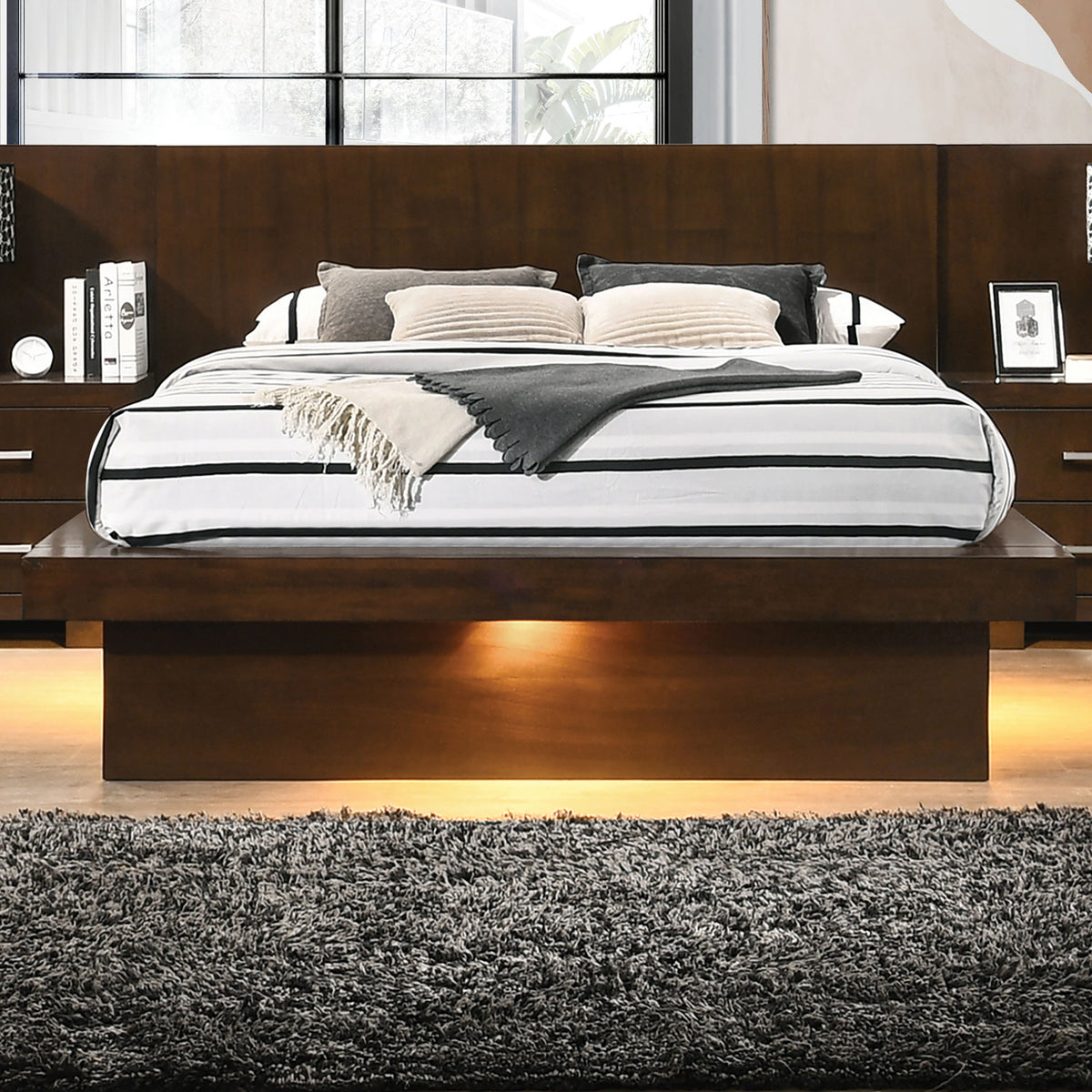 Jessica LED Platform Bed & Bedroom Sets - Panel or Bookcase Headboard in Cappuccino with Silver-Tone Pulls - lifestyle