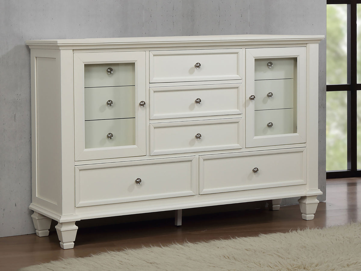 Sandy Beach Carved Panel or Storage Bed & Bedroom Sets - Coastal Cream White with Brushed Nickel Hardware - lifestyle