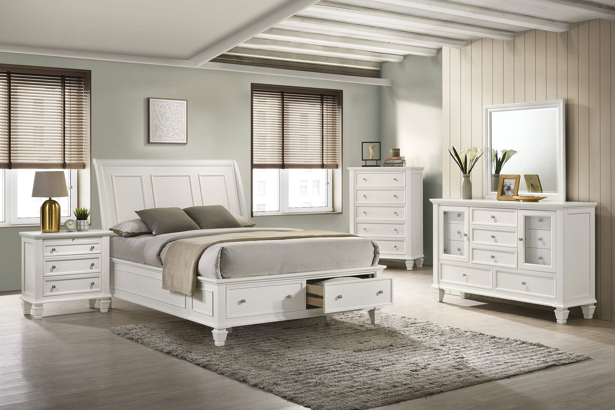 Sandy Beach Carved Panel or Storage Bed & Bedroom Sets - 5pcs- Eastern King Storage Bed + Nightstand + Dresser + Mirror + Chest