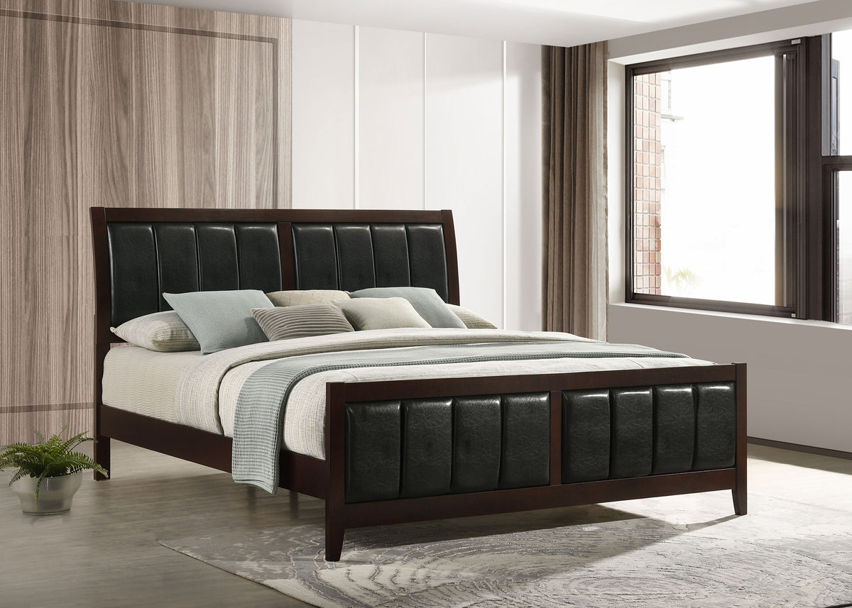Carlton Panel Bed & Bedroom Sets - Channel-Stitched Black Leatherette with Cappuccino Wood, Twin to California King - lifestyle