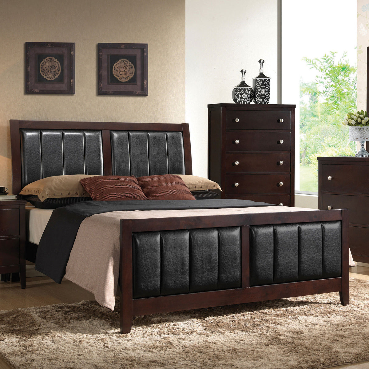 Carlton Panel Bed & Bedroom Sets - Channel-Stitched Black Leatherette with Cappuccino Wood, Twin to California King - lifestyle