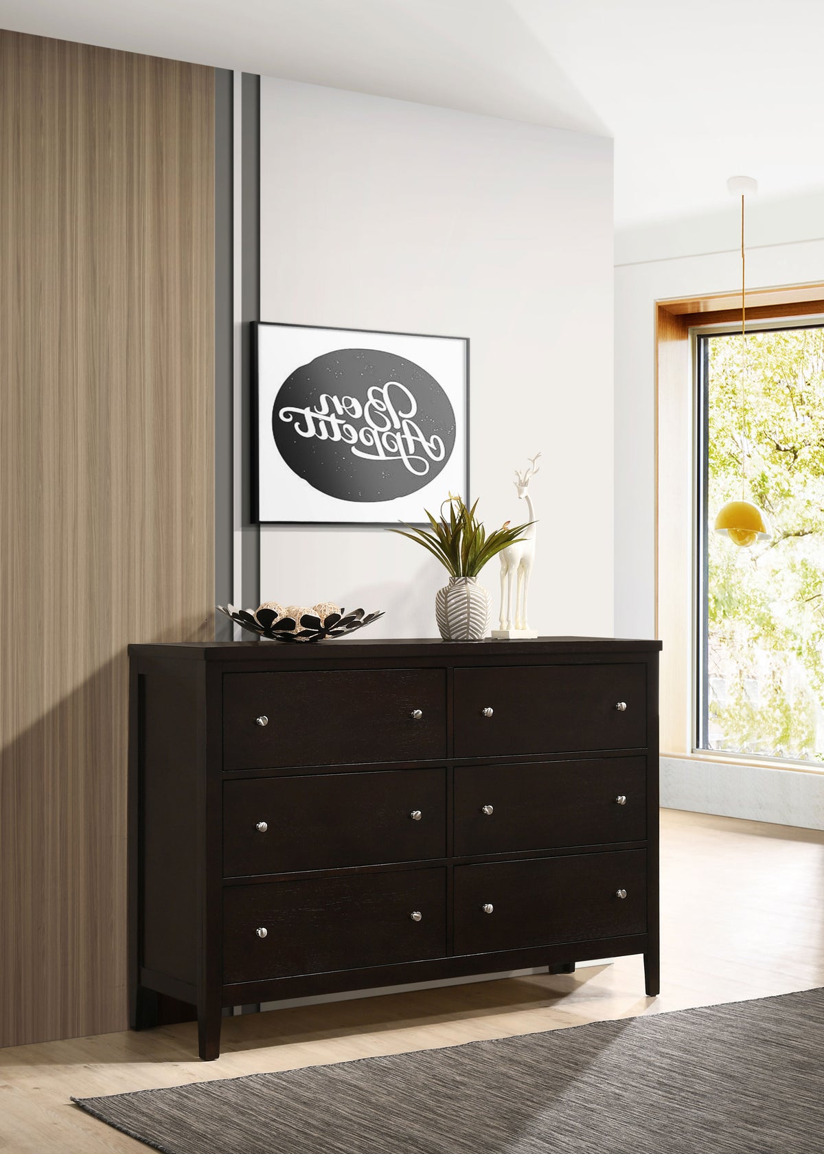 Carlton Panel Bed & Bedroom Sets - Channel-Stitched Black Leatherette with Cappuccino Wood, Twin to California King - lifestyle