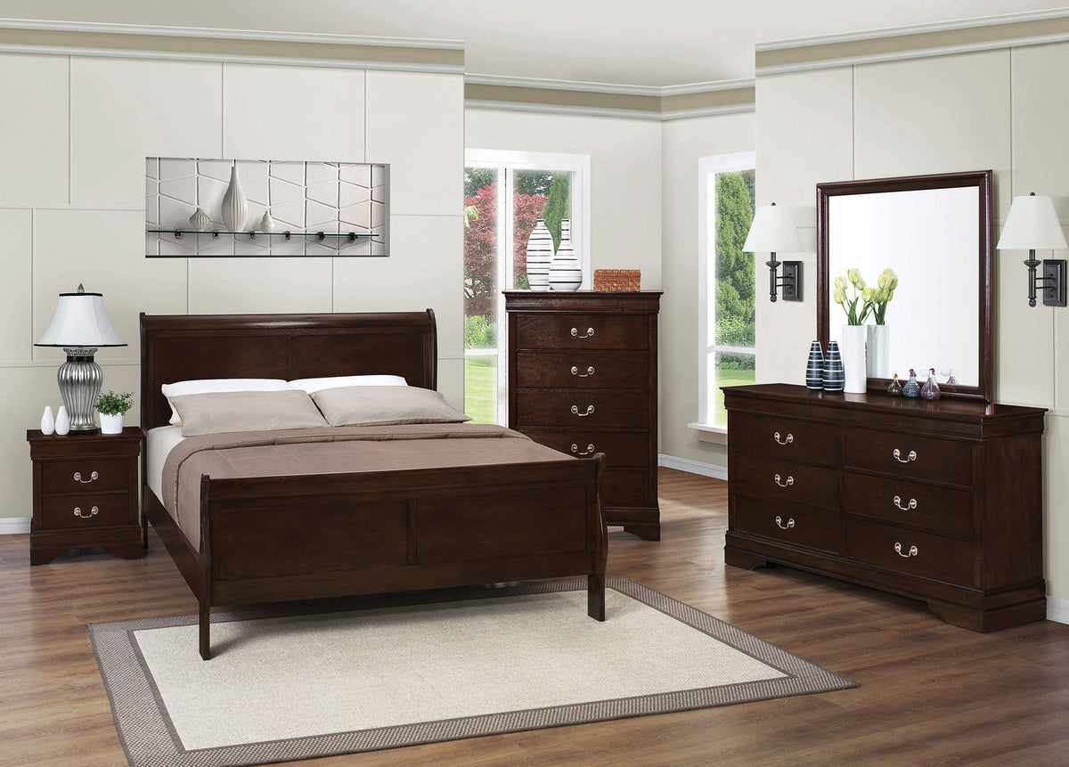 Louis Philippe Sleigh Bed & Bedroom Sets - 5pcs- Queen Bed + Nightstand + Dresser + Mirror + Chest