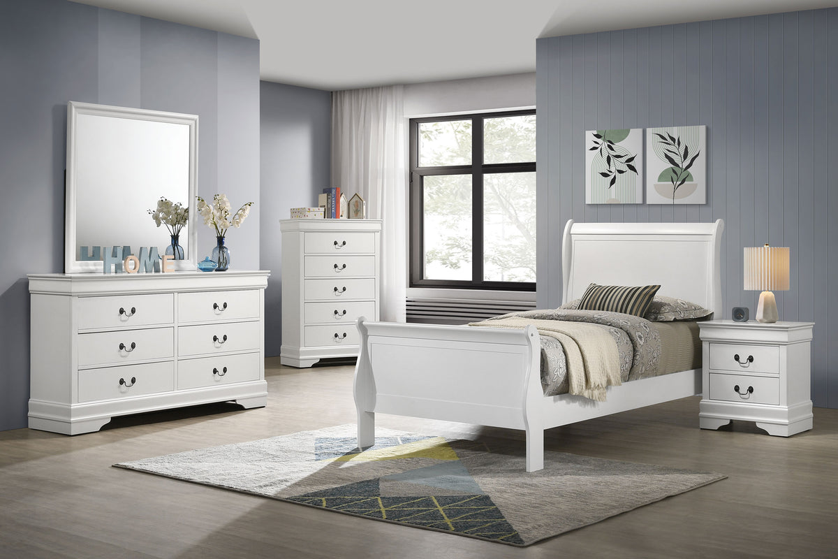 Louis Philippe Sleigh Panel Bed & Bedroom Sets - 5pcs- Twin Bed + Nightstand + Dresser + Mirror + Chest