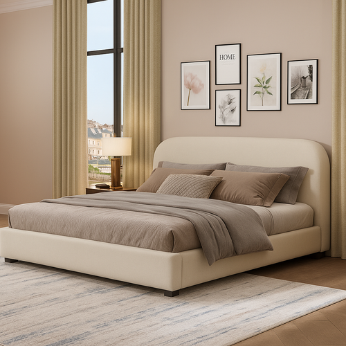 Arden Queen Upholstered Bed in Beige Fabric - Minimalist Contemporary Bedroom Bed Frame