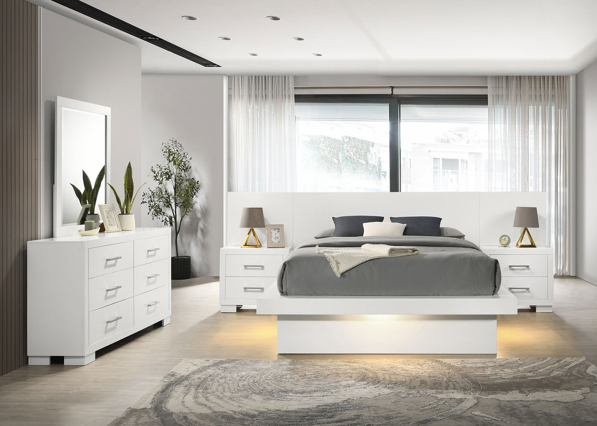 Jessica LED Platform Bed & Bedroom Sets - 5pcs- Eastern King LED Platform Bed + 2 Nightstands + Dresser + Mirror, with Back Panels