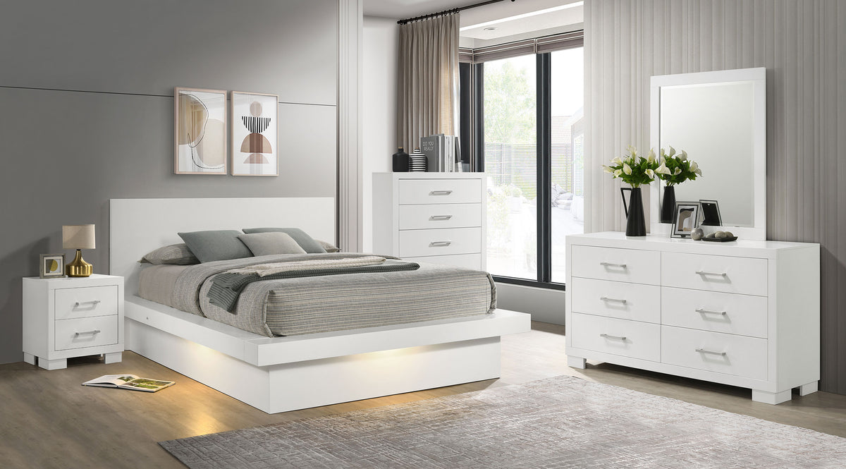 Jessica LED Platform Bed & Bedroom Sets - 5pcs- Eastern King LED Platform Bed + Nightstand + Dresser + Mirror + Chest